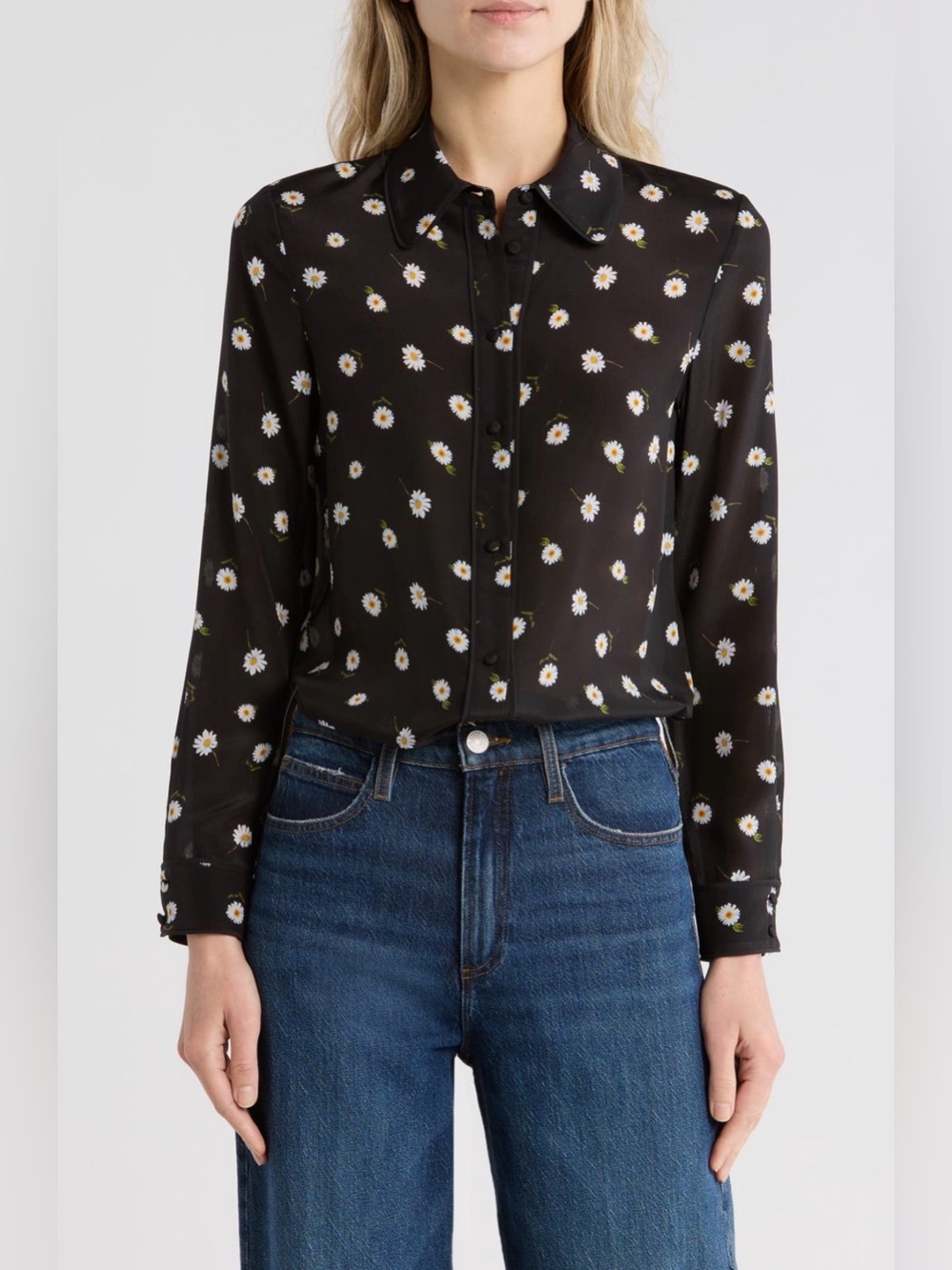Alice + Olivia Willa Floral Long Sleeve Silk Button-Up Shirt